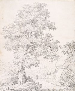 Paesaggio, un pastore e le sue capre che camminano vicino a un albero da I. Inghivami